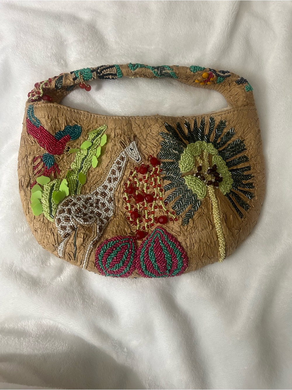 NWOT Handmade Beaded Safari Tote in Tan with Multicolor Embellishments